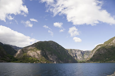 Scenic view of sea and mountains against sky