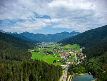 Aerial view of gosau in austria during summer