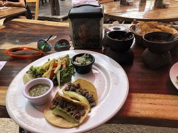 High angle view of meal served on table