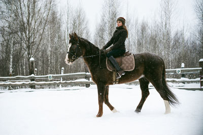 Beautiful woman riding horse on snow covered field