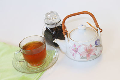 High angle view of tea cup on table