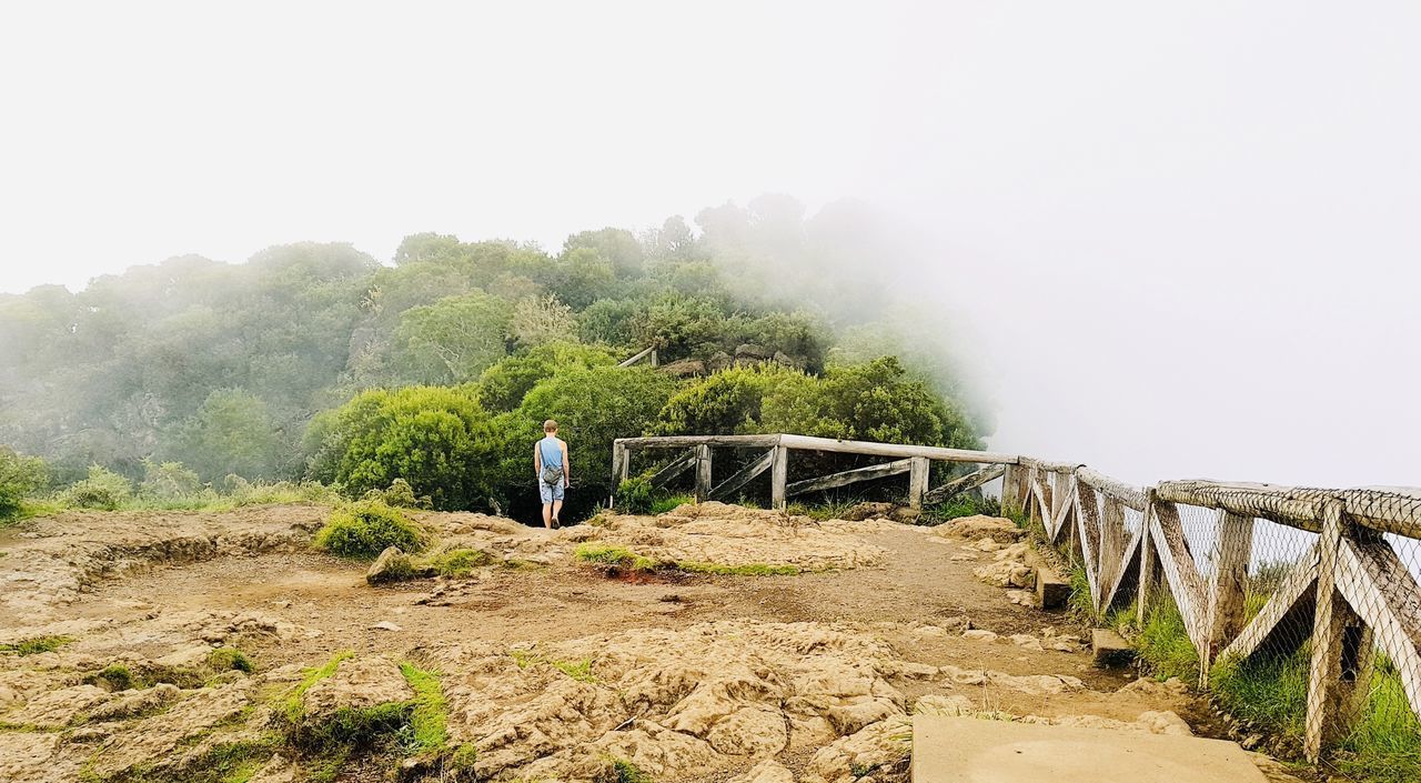 MAN STANDING BY PLANTS AGAINST MOUNTAIN