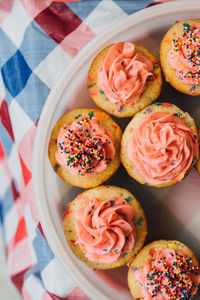 Tupperware of funfetti cupcakes with pink frosting and sprinkles. kid's birthday party