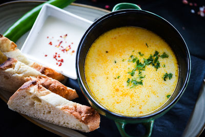 High angle view of soup in bowl on table