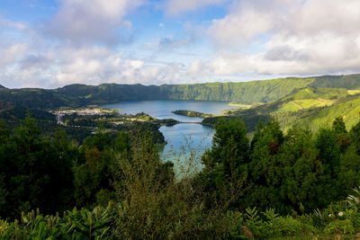 Scenic view of landscape and lake against sky