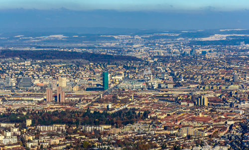 High angle shot of townscape against sky