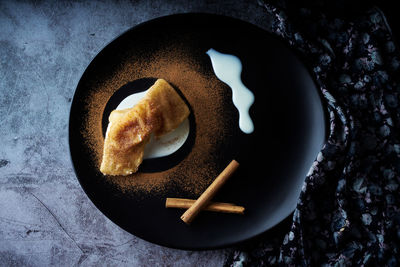 High angle view of breakfast served on table