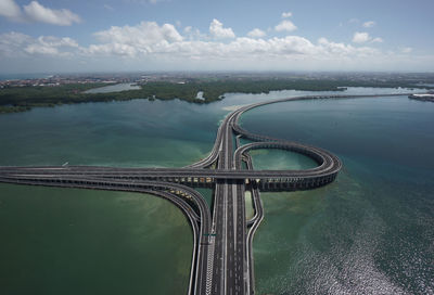 High angle view of bridge over sea against sky