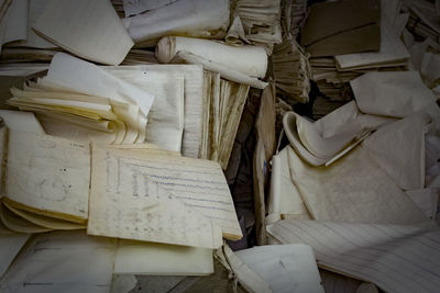 High angle view of old books