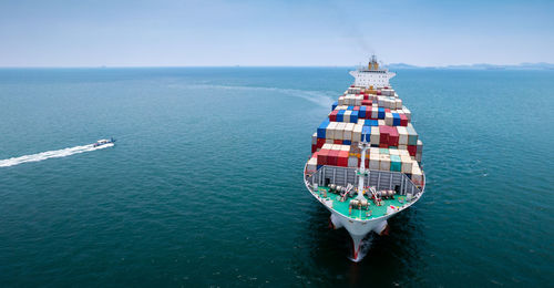 High angle view of ship in sea against sky