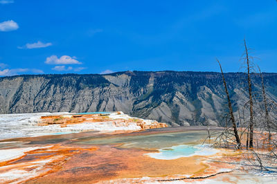 Mountain lake with geysers, red bottom, salt deposits, yellow stone nature park.