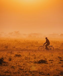 Man riding bicycle on field