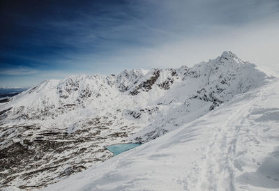 Scenic view of snow covered mountain against sky