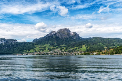 The view of mount pilatus mountain tops while on a boat cruise in lake lucerne. taken in luzern