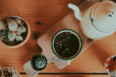 High angle view of coffee cup on table