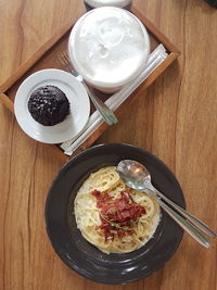 High angle view of breakfast served on table