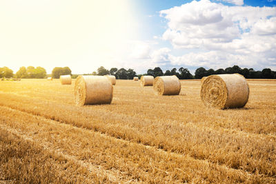 Hay bales on field against sky