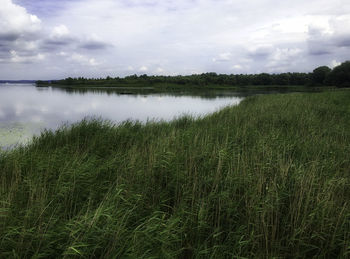 Scenic view of lake against cloudy sky