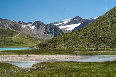 Scenic view of snowcapped mountains against clear sky