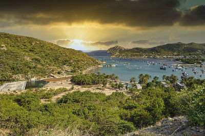 High angle view of bay against sky