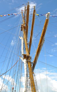 Low angle view of boat mast against sky