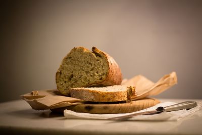 Close-up of bread in plate on table