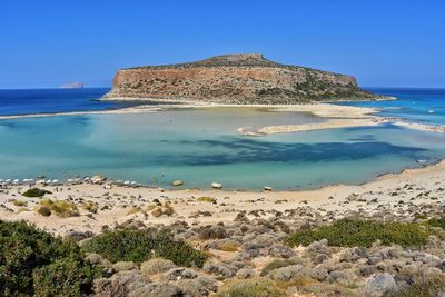 Scenic view of beach against blue sky