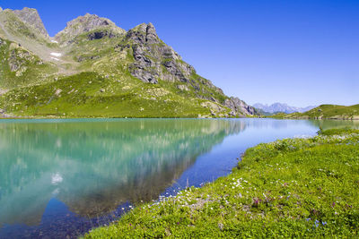 Scenic view of lake and mountains against clear blue sky