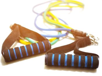 Close-up of exercise equipment on white background