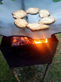 High angle view of food on barbecue grill