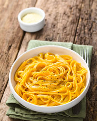 High angle view of noodles in bowl on table