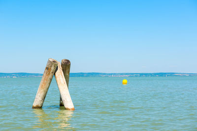 Wooden posts in sea against clear blue sky