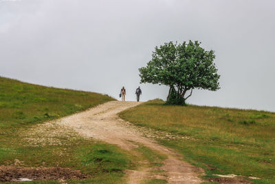 Full length of people walking on field against sky