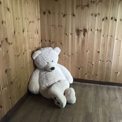 Stuffed toy on hardwood floor at home