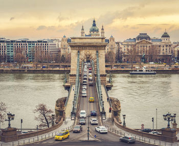 View of suspension bridge in city