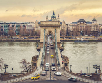 View of suspension bridge in city