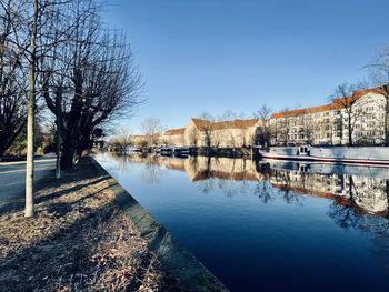 Scenic view of lake against clear blue sky