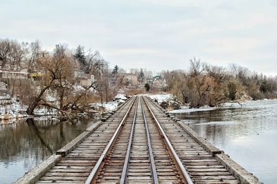 Railroad tracks amidst bare trees against sky