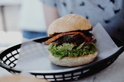 Close-up of burger in plate