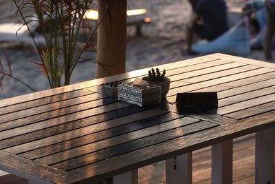 High angle view of benches on table