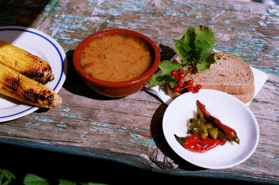 High angle view of breakfast served on table
