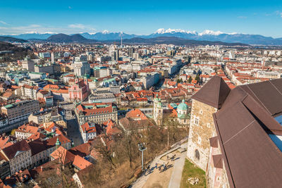 High angle view of town against sky