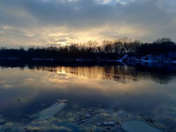 Scenic view of lake against sky during sunset