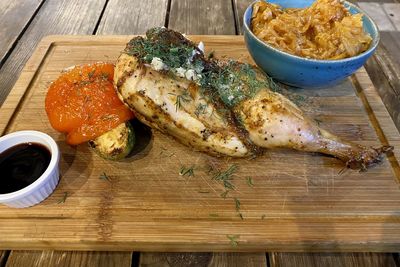 High angle view of seafood on table