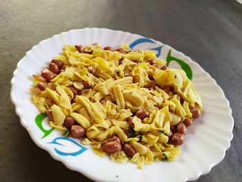 High angle view of breakfast served on table