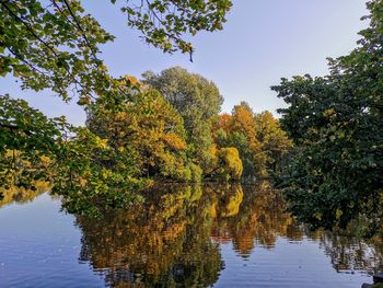 Trees by lake against sky during autumn