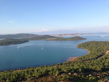 High angle view of calm countryside lake