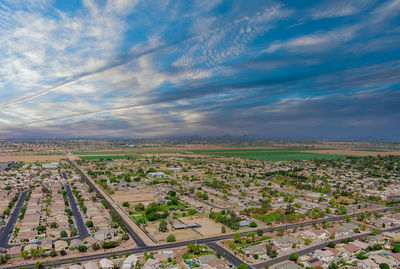 High angle view of field against sky