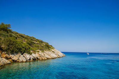 Scenic view of sea against clear blue sky