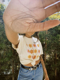 High angle view of woman standing on field